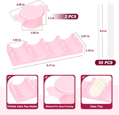 Silicone Cake Pop Mold Set, Round Cake Pop Cutter with Pusher, Tray and 50 Sticks, 15-Hole Cake Pop Holder, DIY Baking Molds Kit for Parties, Wedding, Home Desserts Making - Pink
