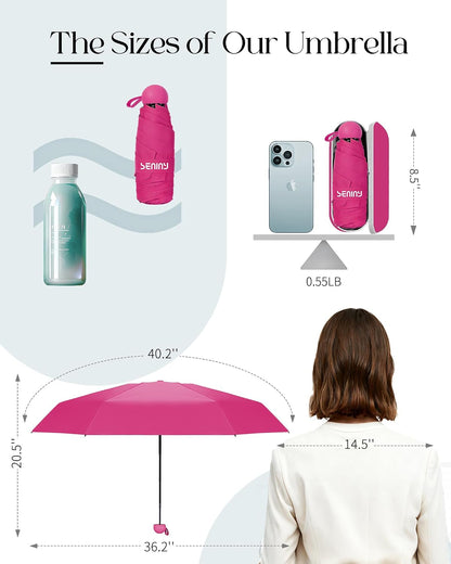 Seniny Mini Portable Travel Umbrella with Case - Compact Umbrellas for Rain & Sun UV Protection for Backpack Pocket, Lightweight Folding Small Umbrella, Tiny Purse Size UV Blocker for Kids Women Girls