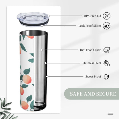 20oz Stainless Steel Tumbler with Lid & Straw, Peach Pattern Leaves Insulated Coffee Travel Mug for Men Women, Straight Tumbler Cup for Hot & Cold, Reusable Tumbler for Home Office Car