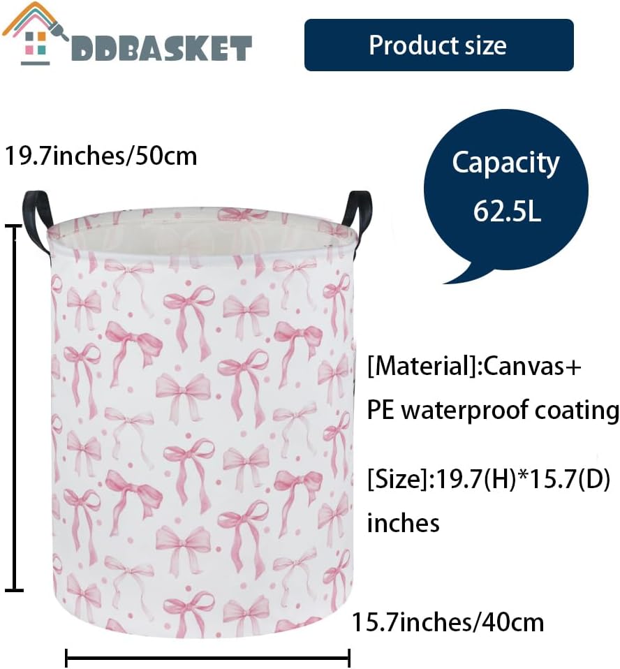 Girls Laundry Basket Pink Hamper for Nursery Bowkont Hamper Cute Storage Bin Organizer Room Decor for Home(Pink bowkont)