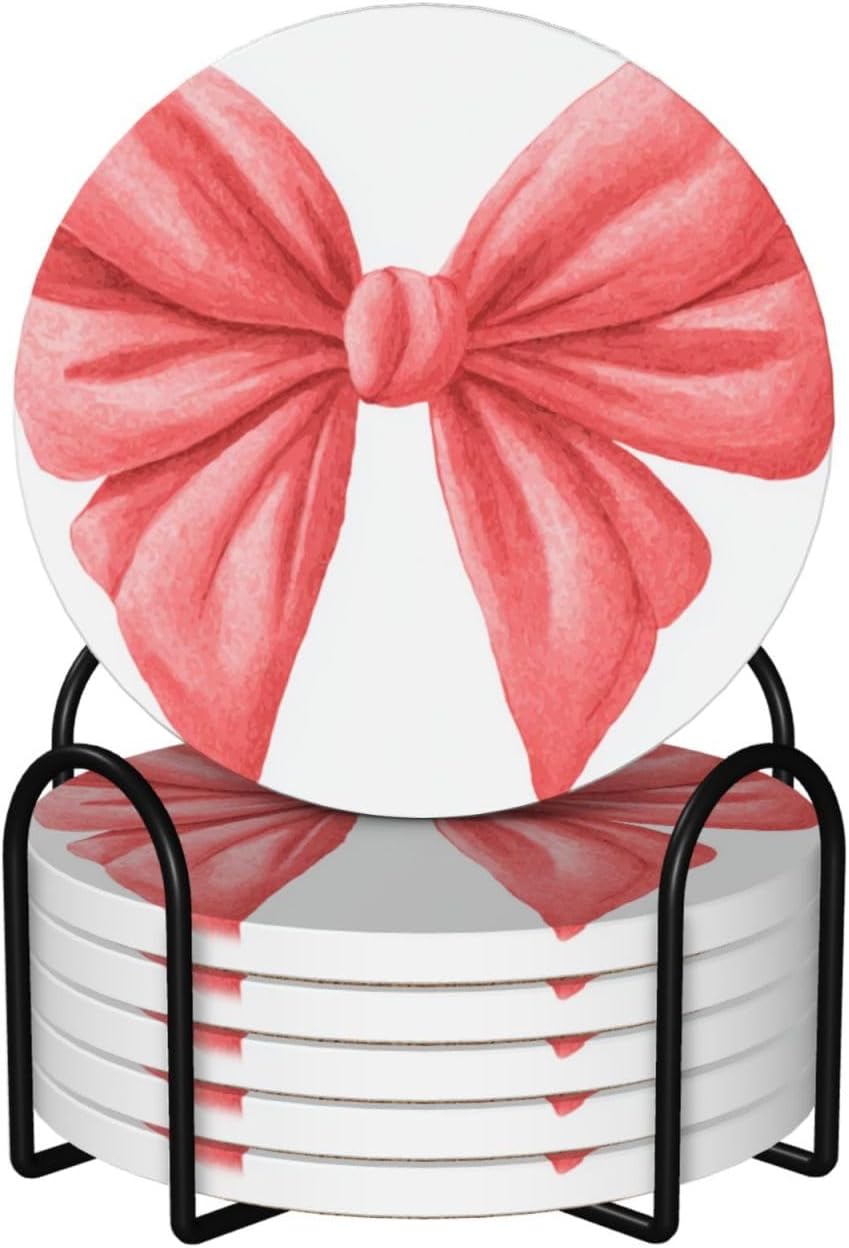 Watercolor Cute Bow Light Red and Pink Ceramic Coasters with Holder Set of 6 Coffee Cup Drink Coasters