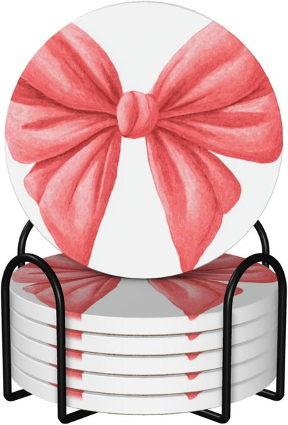 Watercolor Cute Bow Light Red and Pink Ceramic Coasters with Holder Set of 6 Coffee Cup Drink Coasters