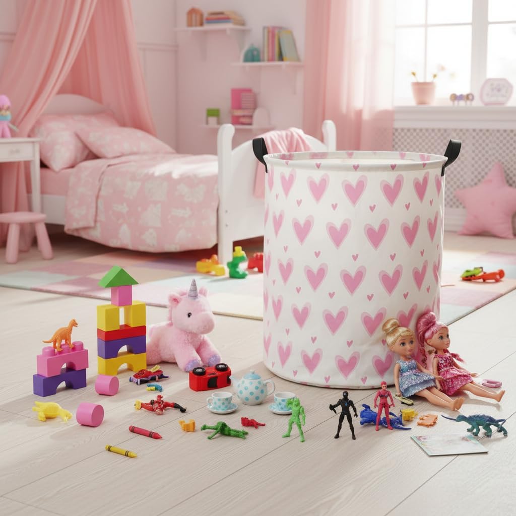 Baby Laundry Basket Baby Hamper for Nursery Girl Kids Butterfly Hamper Cute Kids Toys Storage Bin Organizer Butterfly Room Decor for Home(Pink Hearts)