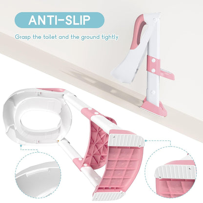 COOSEYA Potty Training Toilet with Step Stool Ladder, Toddler Kids Potty Training Seat for Boys Girls, Foldable Non-Slip Toilet Toddler Seat Splash Guard Soft Cushion Safety Handles (Pink)