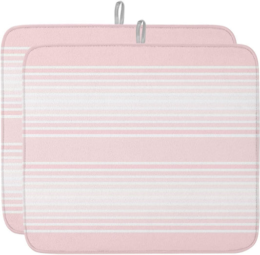 Pink Stripes Dish Drying Mat 2 Pack, Minimalist Stripe Modern Gradient Industrial Absorbent Heat Insulating Kitchen Drying Pad Drainer Mats for Sink Counter Pot Dishes 16 X 18 Inch