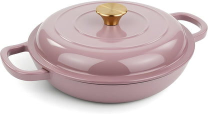 3 Quart Enameled Cast Iron Braiser, Non Stick Enameled Cast Iron Skillet with Lid, Dutch Oven Skillet with lid up to 500°F for Oven, Stove, Grill, Shallow Dutch Oven for Cook, Bake (Pink)