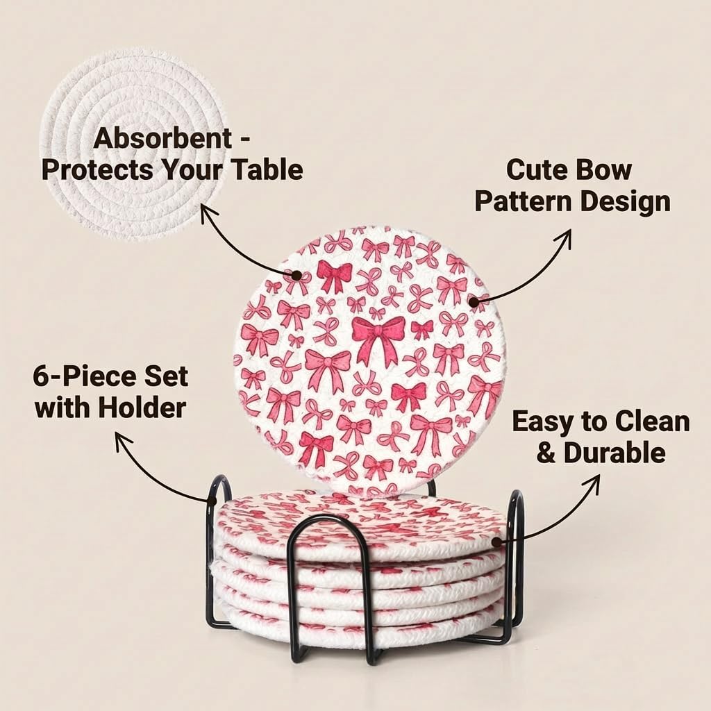 Absorbent Coasters for Drinks, Scratch-Resistant Woven Cotton Coaster Set of 6 with Holder, Pink Bow Coquette Aesthetic Decor for Coffee Table & Office Desk, Cute Kawaii Preppy Room Decor