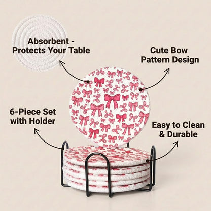 Absorbent Coasters for Drinks, Scratch-Resistant Woven Cotton Coaster Set of 6 with Holder, Pink Bow Coquette Aesthetic Decor for Coffee Table & Office Desk, Cute Kawaii Preppy Room Decor