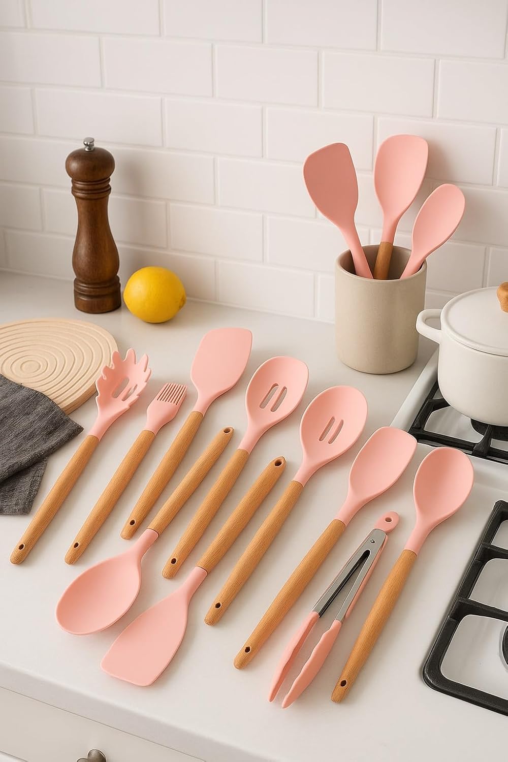 12-Piece Silicone Kitchen Utensil Set: Heat resistant up to 446°F. Includes Turner, Tongs, Spatula, Spoon, Brush, Whisk, Wooden Handles, Holder for Nonstick Cookware. (Pink), Medium