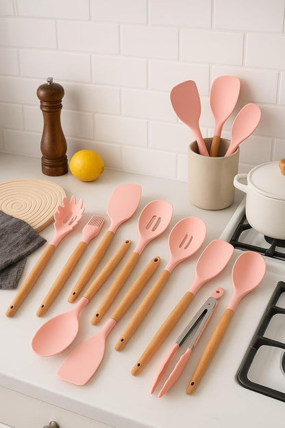12-Piece Silicone Kitchen Utensil Set: Heat resistant up to 446°F. Includes Turner, Tongs, Spatula, Spoon, Brush, Whisk, Wooden Handles, Holder for Nonstick Cookware. (Pink), Medium