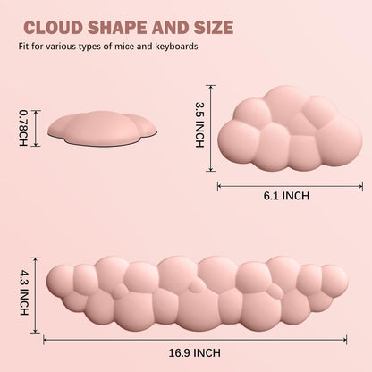 Cloud Keyboard Wrist Rest Mouse Pad Set, PU Leather Memory Foam Wrist Cushion Support, Mouse Wrist Pad, Non-Slip Wrist Support for Home, Office, Light Pink Cloud