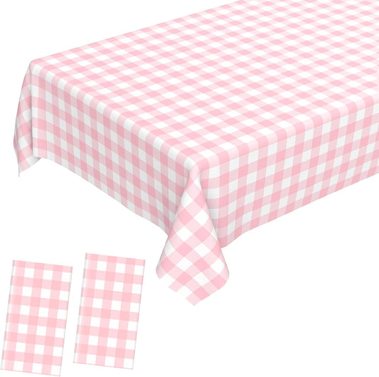 2 Pcs Pink Gingham Tablecloth, Disposable Plastic Pink Checkered Table Cloth, Pink & White Plaid Table Cover for Outdoor Picnic, Wedding, Baby & Bridal Shower, Birthday Party (54 x 108 Inch)