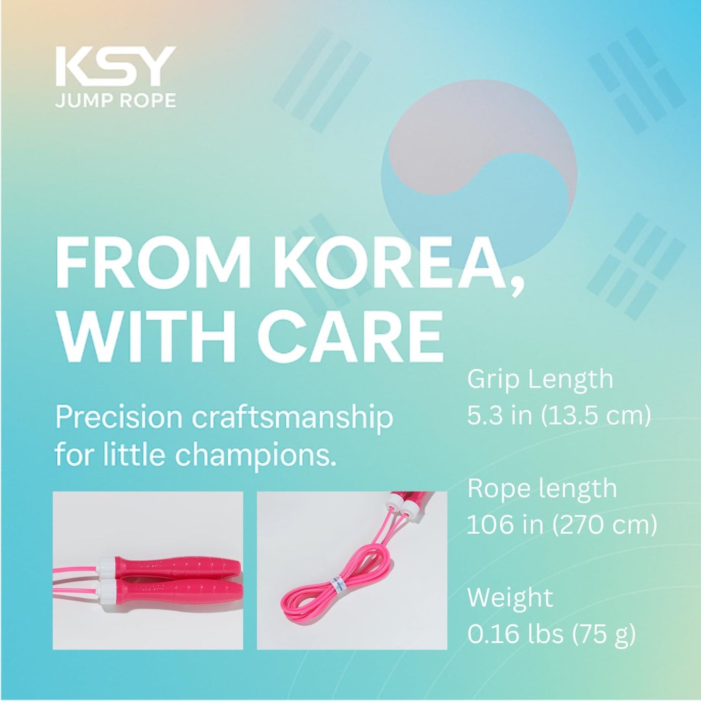 KSY Kids Jump Rope (Crystal Series) – Durable PVC Jump Rope for Kids Ages 6-12 – Lightweight, Adjustable, and Tangle-Free – Made in Korea