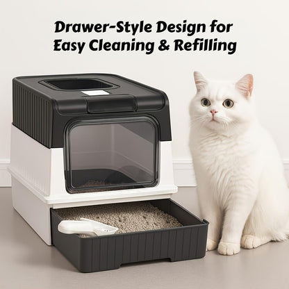 Foldable Enclosed Cat Litter Box with Drawer and Lid - Top Entry Splash-Proof Cat Toilet, Odor-Proof and Leak-Proof and Spaceful, Lightweight and Portable Pet Toilet with Scoop (Pink)