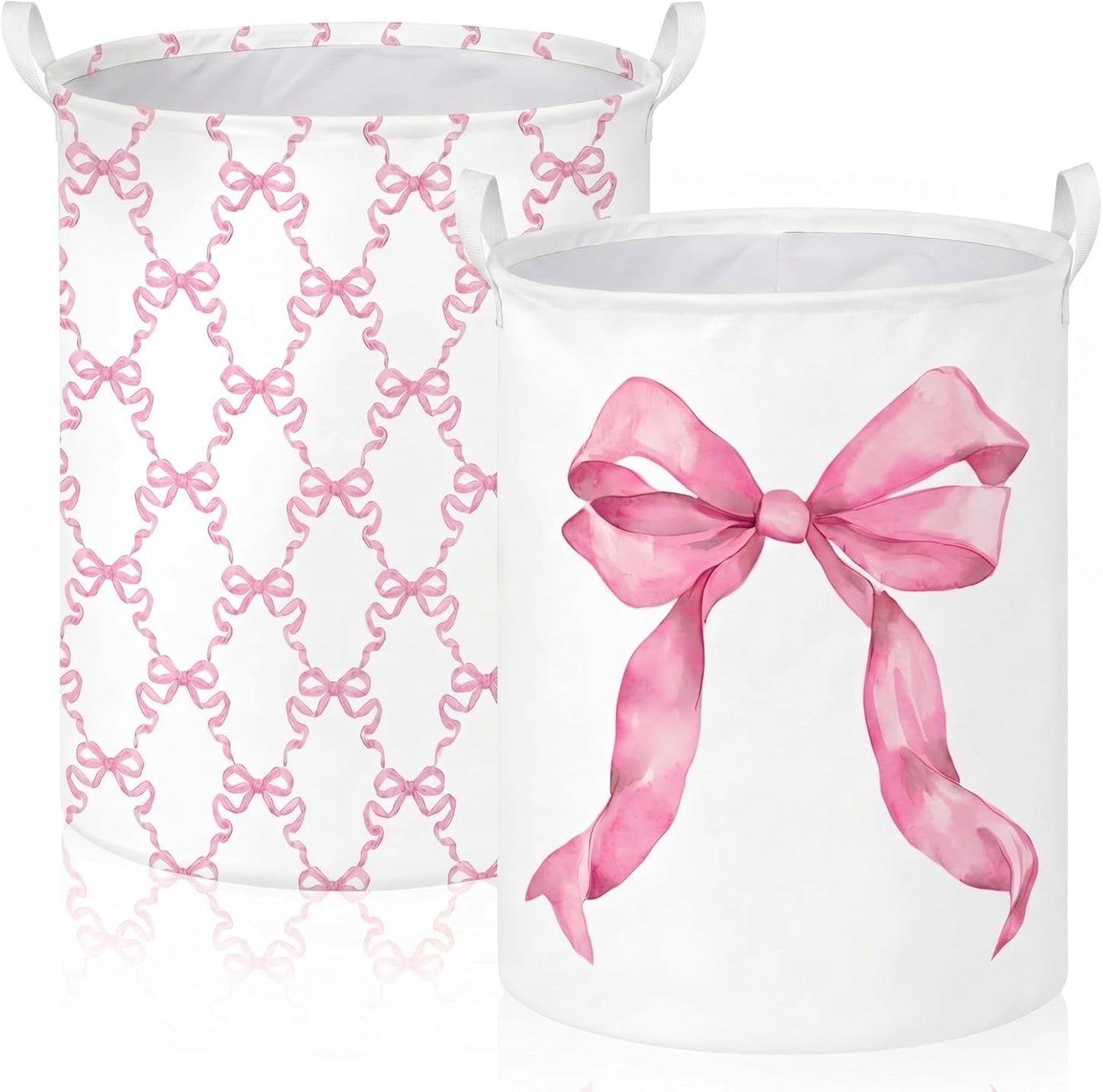 2 Pcs Pink Bow Laundry Hamper Basket Large 19.7x14.6 Inch Round Collapsible Bow Toy Storage Organizer Bin with Waterproof Layer for Closet Bedroom Playroom Nursery Toy Dirty Cloth
