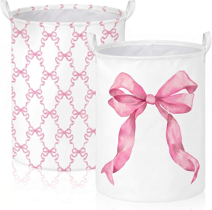2 Pcs Pink Bow Laundry Hamper Basket Large 19.7x14.6 Inch Round Collapsible Bow Toy Storage Organizer Bin with Waterproof Layer for Closet Bedroom Playroom Nursery Toy Dirty Cloth
