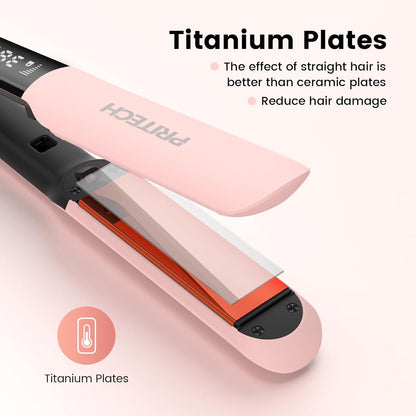PRITECH Flat Iron Hair Straightener and Curler 2 in 1, Titanium Flat Iron with Negative Ions, Adjustable Temp(248℉-450℉) and Automatic Shut Off (Pink)