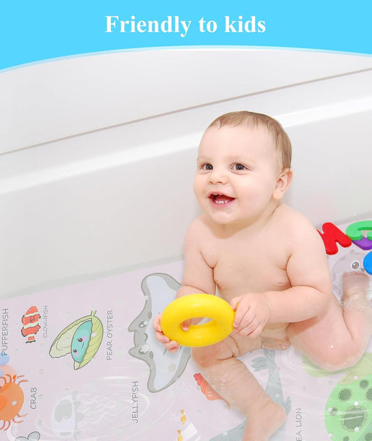 Secopad Bath Mat for Tub Non Slip, Machine Washable Anti-Slip Cartoon Baby Bathtub Shower Mat with Drain Holes and Suction Cups for Toddler & Kids, 40 Inch x 16 Inch, Pink Sea Animals