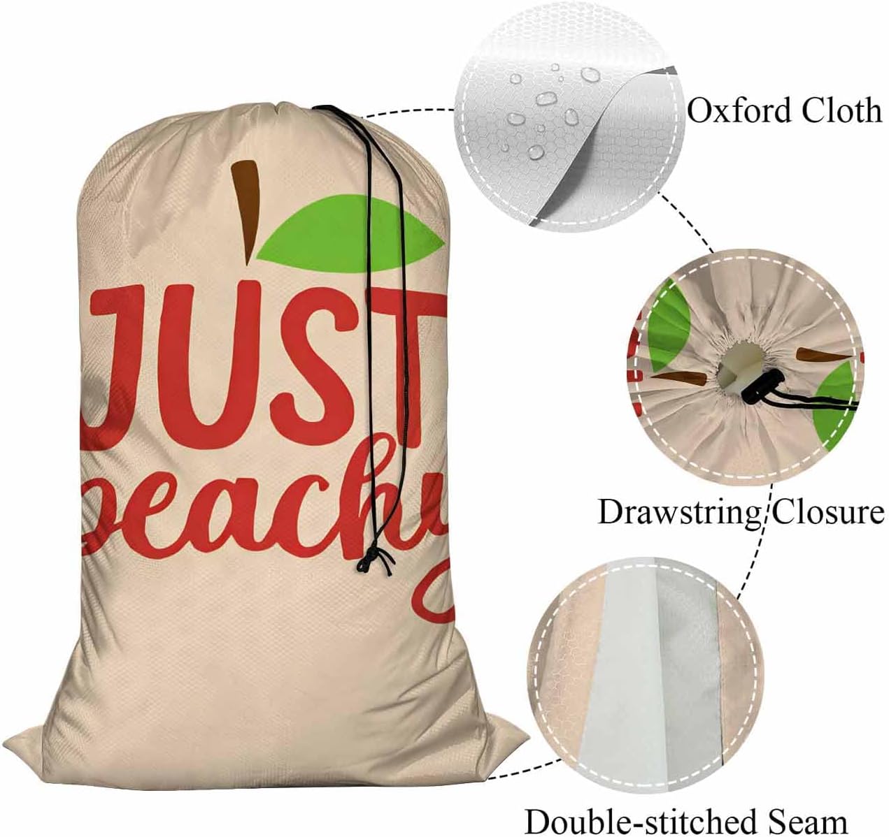 Swono Peach Heavy Duty Large Laundry Bags 1 Pack 28 x 40 inch Just Peachy Quote Word Hand Lettering Leaf Fruit XL Drawstring Travel Organizer Bag Fit Hamper Basket Camp Home College Dorm Tear