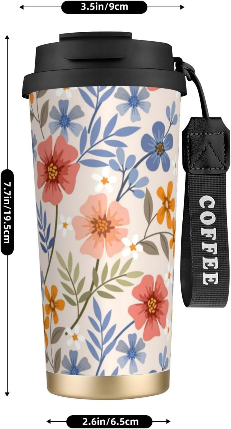 Peach And Blue Floral Pattern Portable Thermal Tumbler | Dual Flip Access Lid 316 Stainless Steel Insulated Travel Cup Portable Coffee Tumbler for Road Trips
