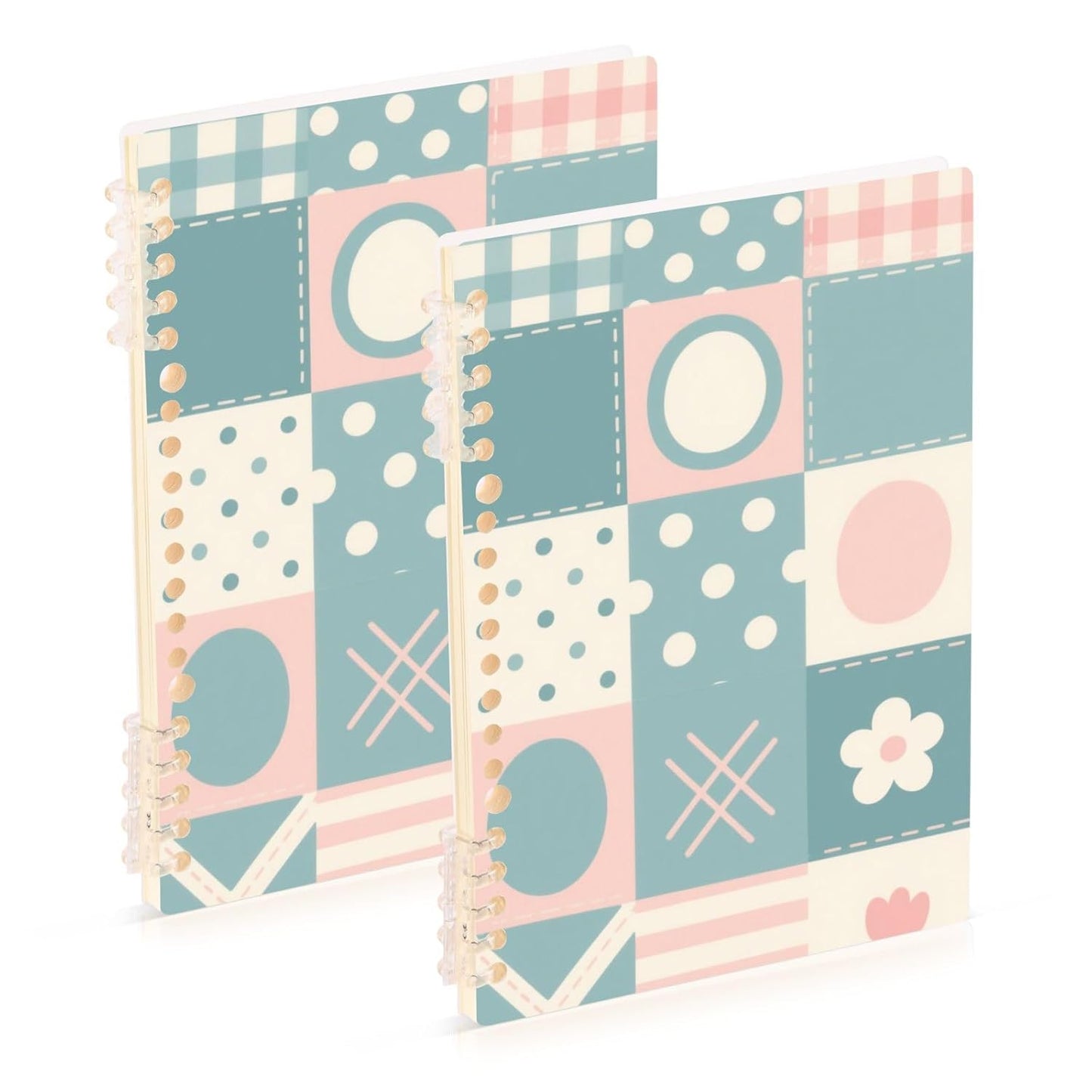 EtherSpher A5 size Patchwork Pattern Flowers Pastel Peach lined notebook 8.3" x 5.7", hard cover subject spiral notebook wide 60 sheets for working&classroom 2 pack