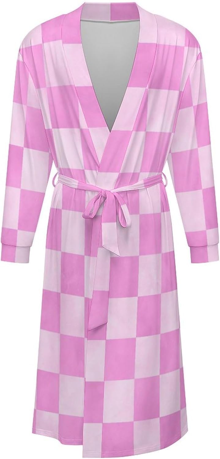 Sleepwear Robe for Women Men - Pink Checker Print Lightweight Kimono Bathrobe with Tie Belt