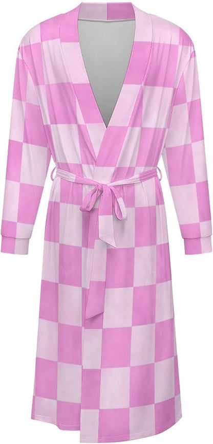 Sleepwear Robe for Women Men - Pink Checker Print Lightweight Kimono Bathrobe with Tie Belt