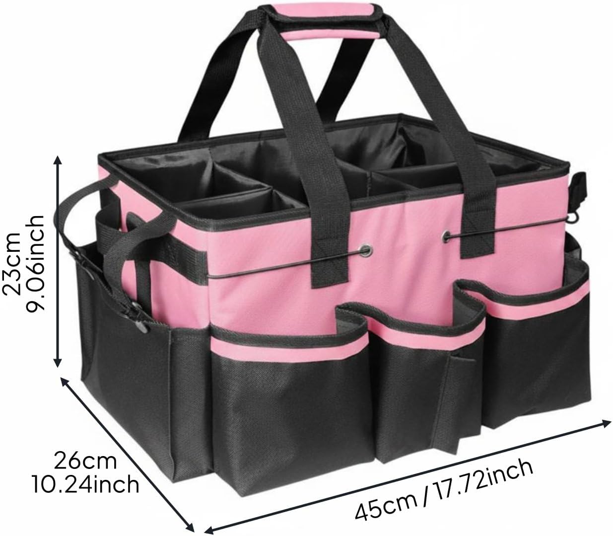 Janitorial Supply Bag Waterproof Housekeeping Tool Bag Heavy Duty Multi-Compartment Organizer Tote for Housekeepers, Cleaners, Car Wash, Gardening, Pink Black