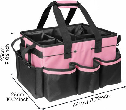 Janitorial Supply Bag Waterproof Housekeeping Tool Bag Heavy Duty Multi-Compartment Organizer Tote for Housekeepers, Cleaners, Car Wash, Gardening, Pink Black