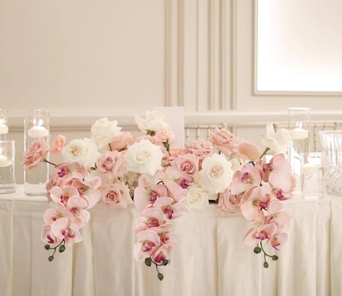 IPOPU 2pcs Champagne Pink Orchid Artificial Flowers, 34.3" Real Touch Fake Orchid Latex Phalaenopsis Branches for Home Party Wedding Bridal Shower Decoration