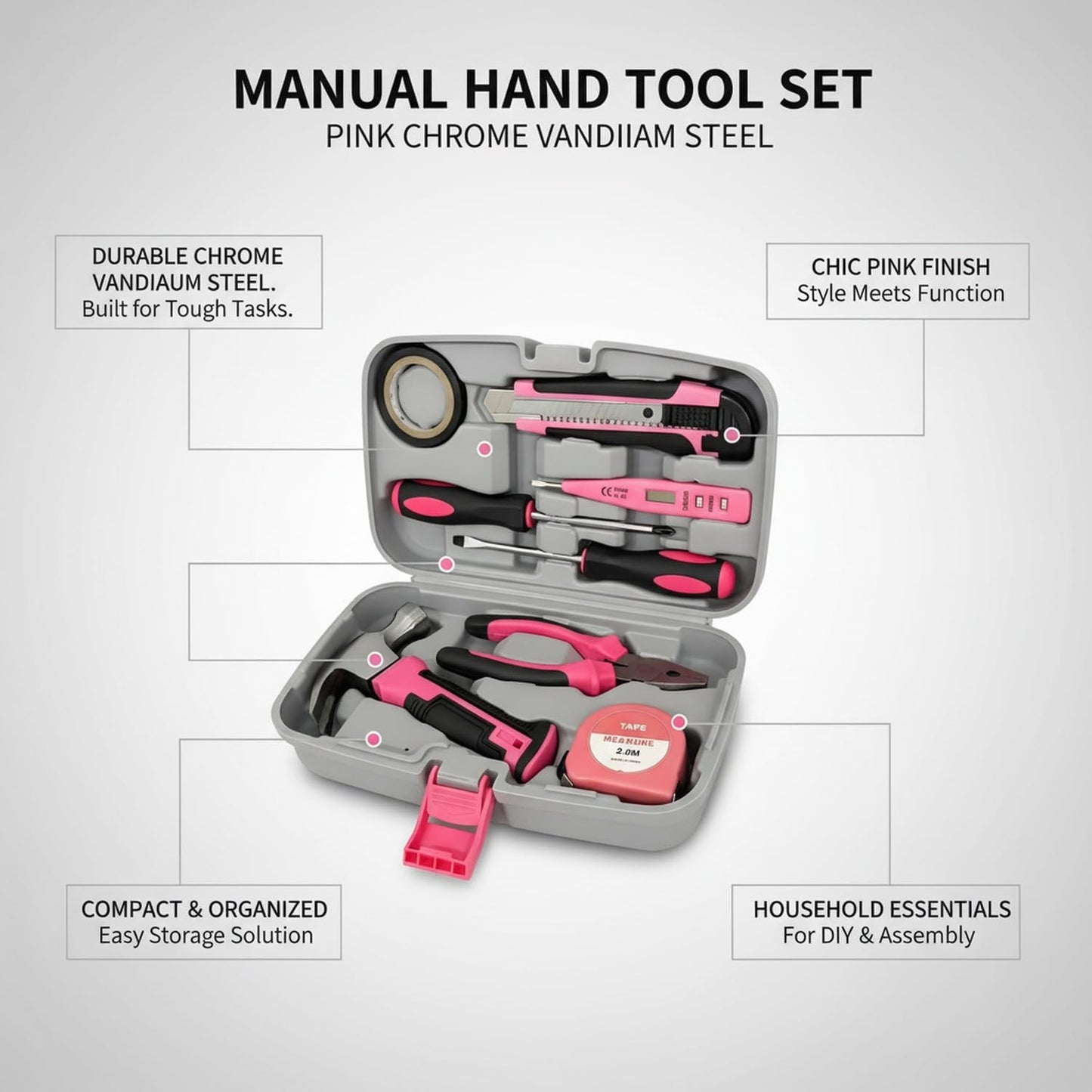 Pink Chrome Vanadium Steel Hand Tool Set for Home Furniture Assembly and Light DIY Repairs