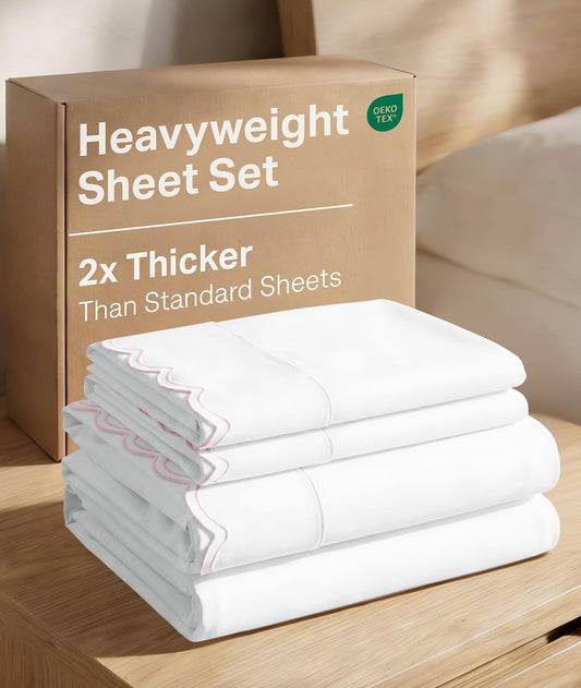 Extra Thick Heavyweight Full Size 4 Piece Bed Sheet Set - Scalloped Edge Bedding - Ultra-Soft & Wrinkle Free - Super Luxury Queen Bed Set - Premium Hotel Quality Sheets with Deep Pockets - Light Pink