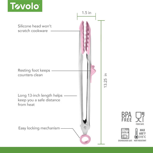 Tovolo Tongs With Silicone Tips Easy Grip 13" Long Kitchen Tongs Stainless Steel Handle For Cooking, Non Scratch Heat Resistant Locking Tongs Silicone Tipped Dishwasher Safe BPA Free, Pink Sorbet