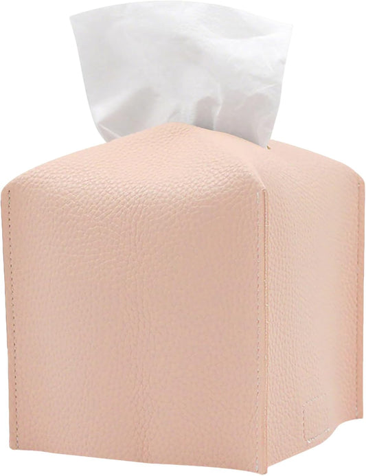 1PC Square Tissue Box Cover, PU Leather Square Tissue Box Holder with Bottom Belt Modern Tissue Box Organizer for Bathroom/Car/Hotel/Office (5.25”x5.25”x5”, Pink)