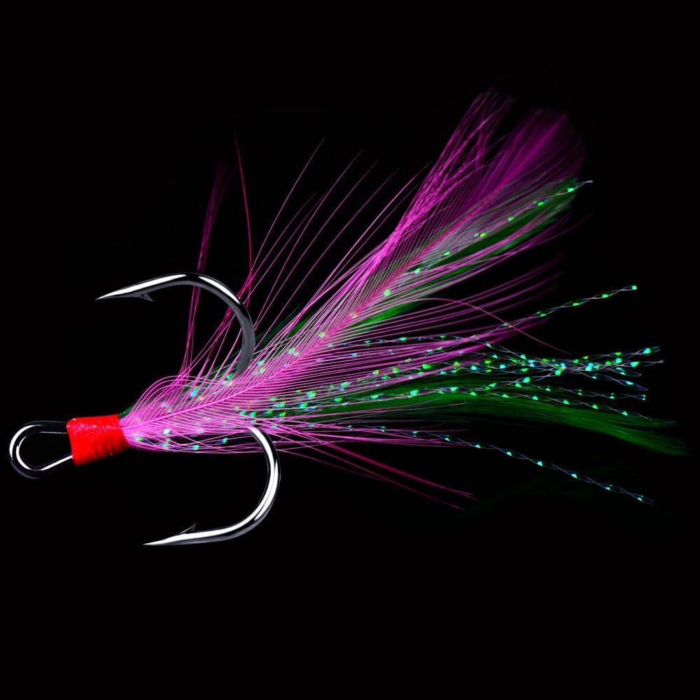 AMHDV Feather Fishing Hooks Strong Treble Hooks Size 2 4 6 8 10 (Pack of 20)