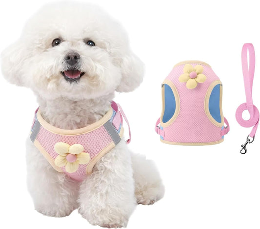 Floral Mesh Dog Harness with Matching Leash, Pink, L (16-20lbs) | Lightweight Pet Vest, Suitable For Small And Medium-sized Cats And Dogs, Yellow Option Available