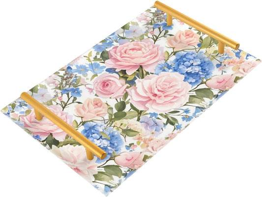 Pink Blue Vintage Rose Decorative Cafeteria Tray with Handles Large Decorative Tray for Jewelry Perfume for Decorative Food bandejas para desayunos sorpresa