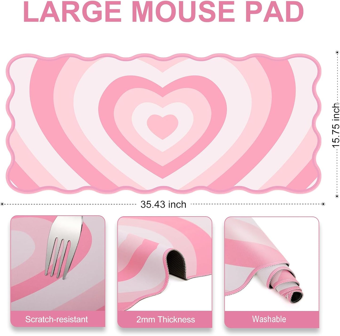 L-SPOUTTO Pink Mouse Pad,Cute Desk Mat XXL Large Scalloped Gaming Mousepad,35.4x15.7in Non-Slip Rubber Base Keyboard Pad Waterproof Desktop Mat for Laptop Computer Work Game Home Office-Pink Heart