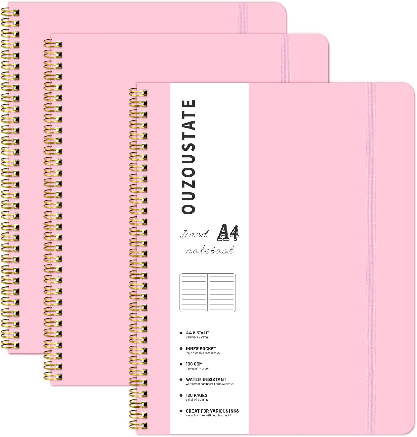 Pink Spiral Notebook 8.5" x 11"- A4 Large College Ruled Notebook for Work Women, 120 Pages 100GSM Thick Hardcover Spiral Writing Journal