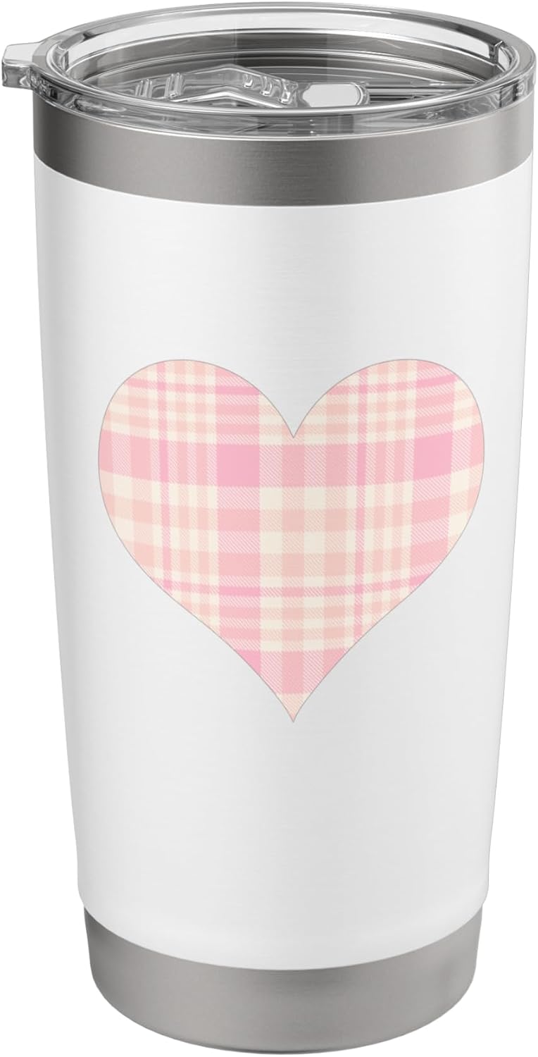Cute Pink Peach Plaid Checkered Gingham Pattern Minimalist Stainless Steel Insulated Tumbler