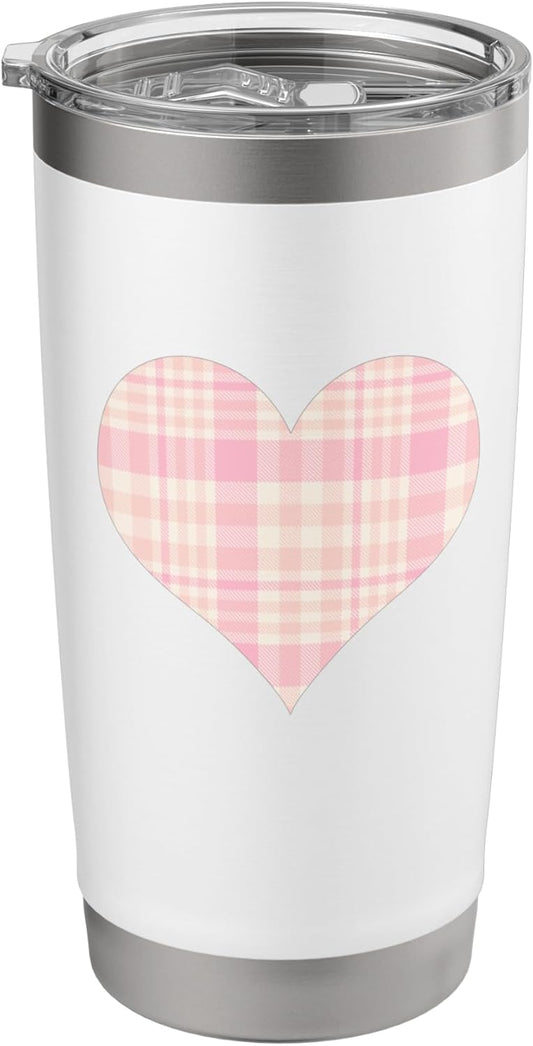 Cute Pink Peach Plaid Checkered Gingham Pattern Minimalist Stainless Steel Insulated Tumbler