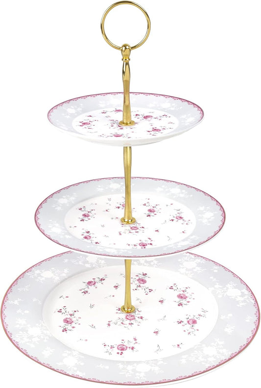 fanquare Pink Rose 3 Tier Porcelain Cupcake Stand, Floral Round Fruit Display Stand, Dessert Tower Tray for Wedding, Birthday and Tea Party