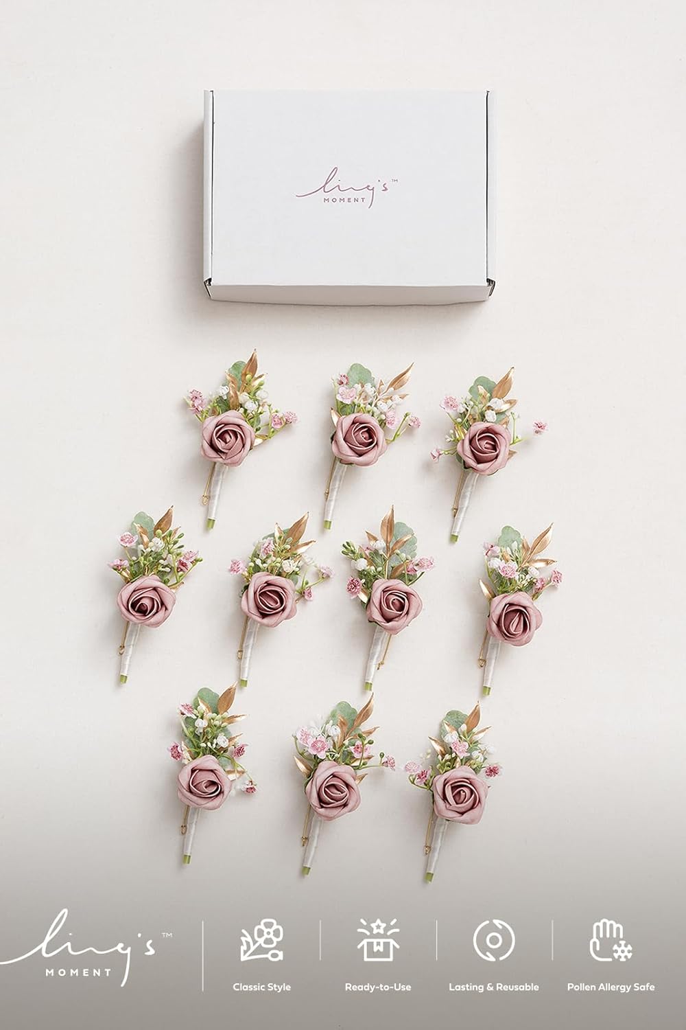 Ling's Moment Boutonniere for Men, 10pcs Groomsmen Guest Boutonniere, Artificial Flowers for Wedding Décor/Prom/Homecoming,etc.Dusty Rose Pink