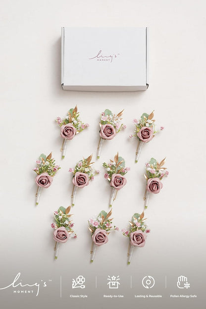 Ling's Moment Boutonniere for Men, 10pcs Groomsmen Guest Boutonniere, Artificial Flowers for Wedding Décor/Prom/Homecoming,etc.Dusty Rose Pink