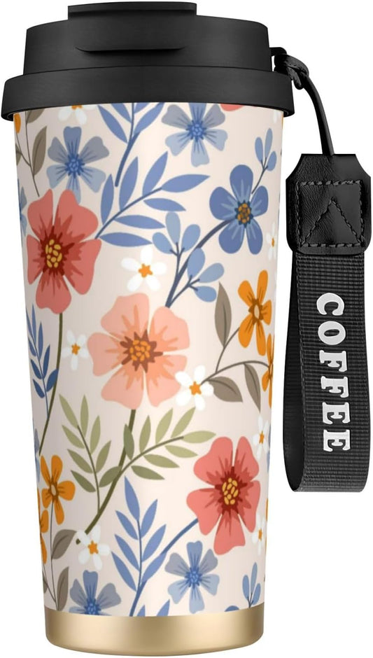 Peach And Blue Floral Pattern Portable Thermal Tumbler | Dual Flip Access Lid 316 Stainless Steel Insulated Travel Cup Portable Coffee Tumbler for Road Trips