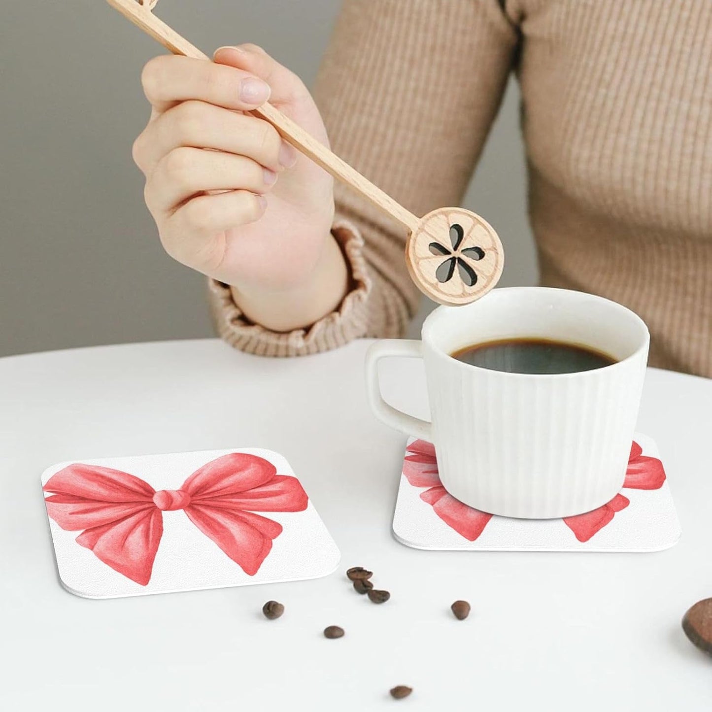 Watercolor Cute Bow Light Red and Pink Drinks Coasters Set of 4 Leather Drink Coasters for Tabletop Protection Heat Resistant Bar Cup Mat Pad