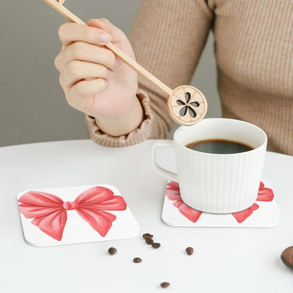 Watercolor Cute Bow Light Red and Pink Drinks Coasters Set of 4 Leather Drink Coasters for Tabletop Protection Heat Resistant Bar Cup Mat Pad