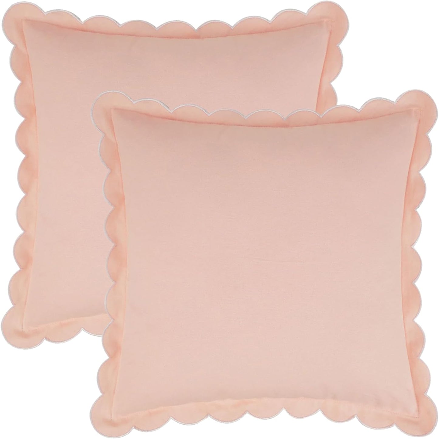 Soft Cotton Throw Pillow Covers Cushion Cases Set, Scalloped Wavy Edge Designs, Modern Home Decor 18 x 18 Inch Light Pink