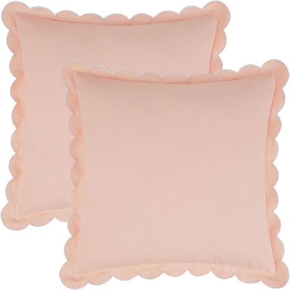 Soft Cotton Throw Pillow Covers Cushion Cases Set, Scalloped Wavy Edge Designs, Modern Home Decor 18 x 18 Inch Light Pink