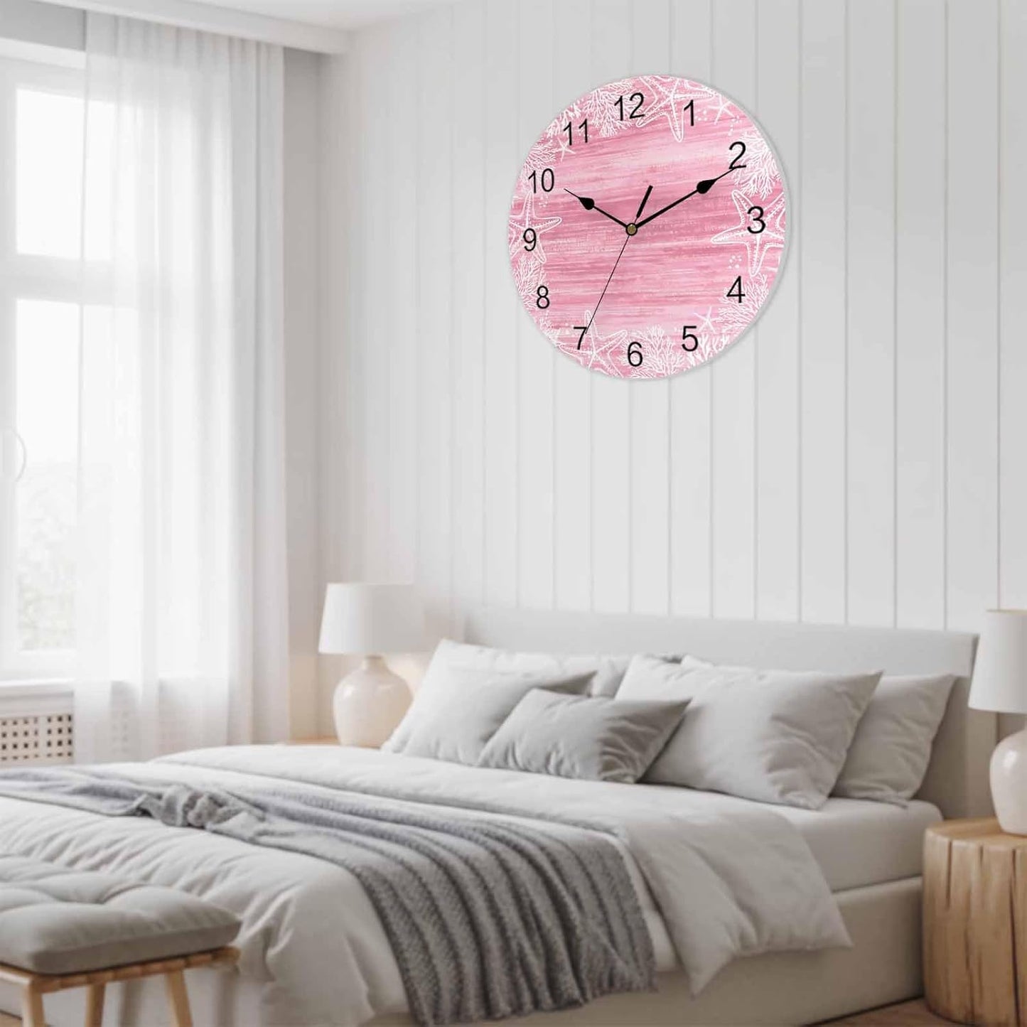 Wall Clock Pink Coral Starfish Clocks PVC Silent Non-Ticking Battery Operated Decorative Summer Ocean Beach Shell Round Clock for Home Living Room Kitchen Bedroom Office School Wall Decor 10 Inch
